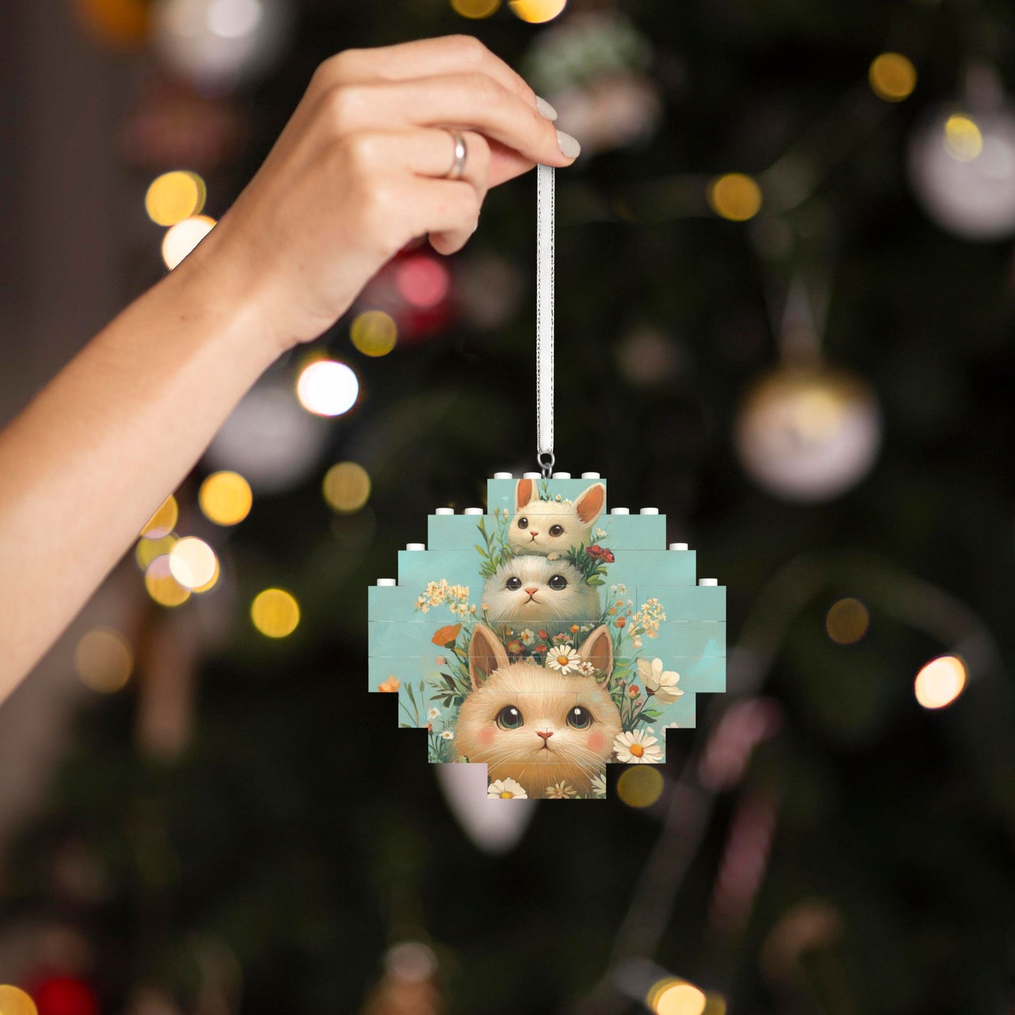 Three Rabbits in Flower Field Puzzle Ornament - Creative DIY Building Blocks Décor